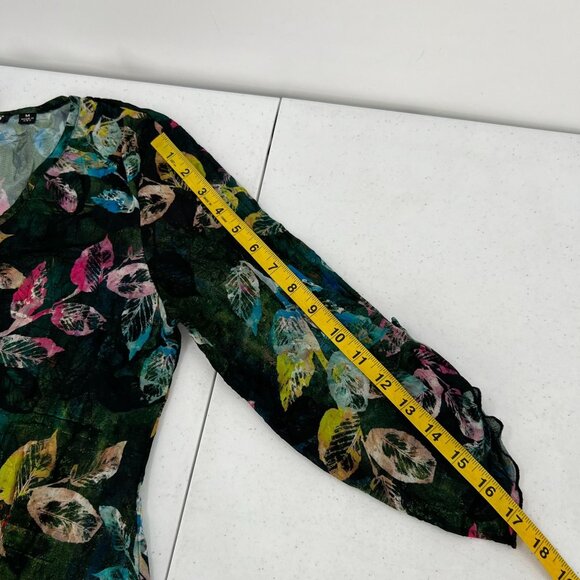 SnoSkins M Artsy Leaf Print Tunic Blouse V-Neck 3/4 Sleeve Textured Sheer USA - Picture 7 of 8